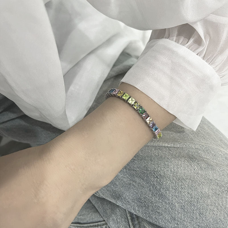 4X4mm Rainbow Zircon Tennis Stainless Steel Bracelet