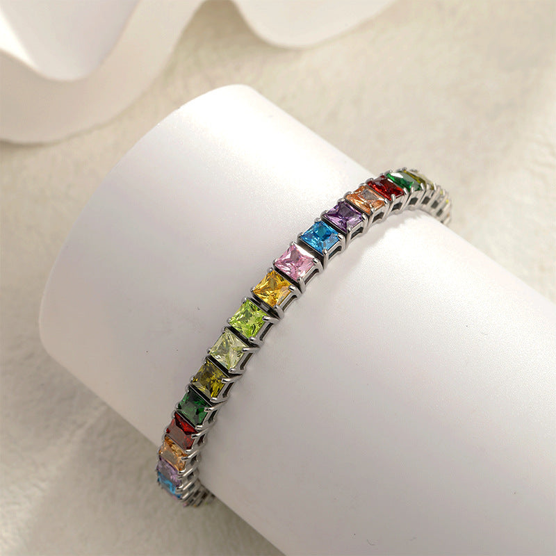 4X4mm Rainbow Zircon Tennis Stainless Steel Bracelet