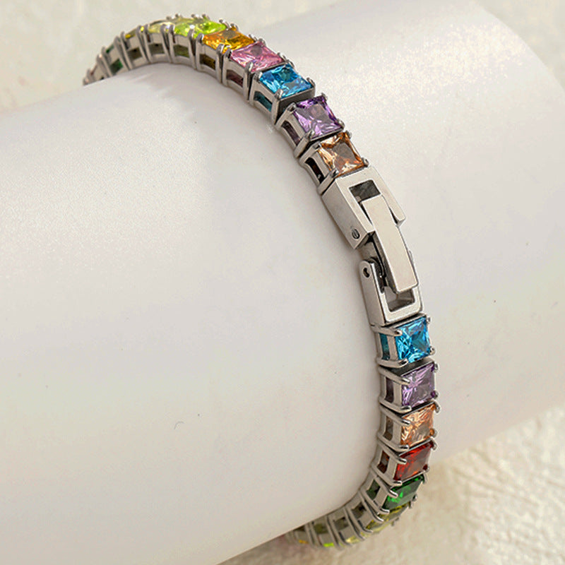 4X4mm Rainbow Zircon Tennis Stainless Steel Bracelet