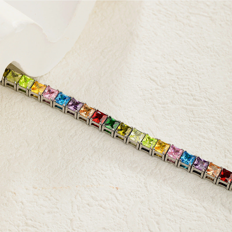 4X4mm Rainbow Zircon Tennis Stainless Steel Bracelet