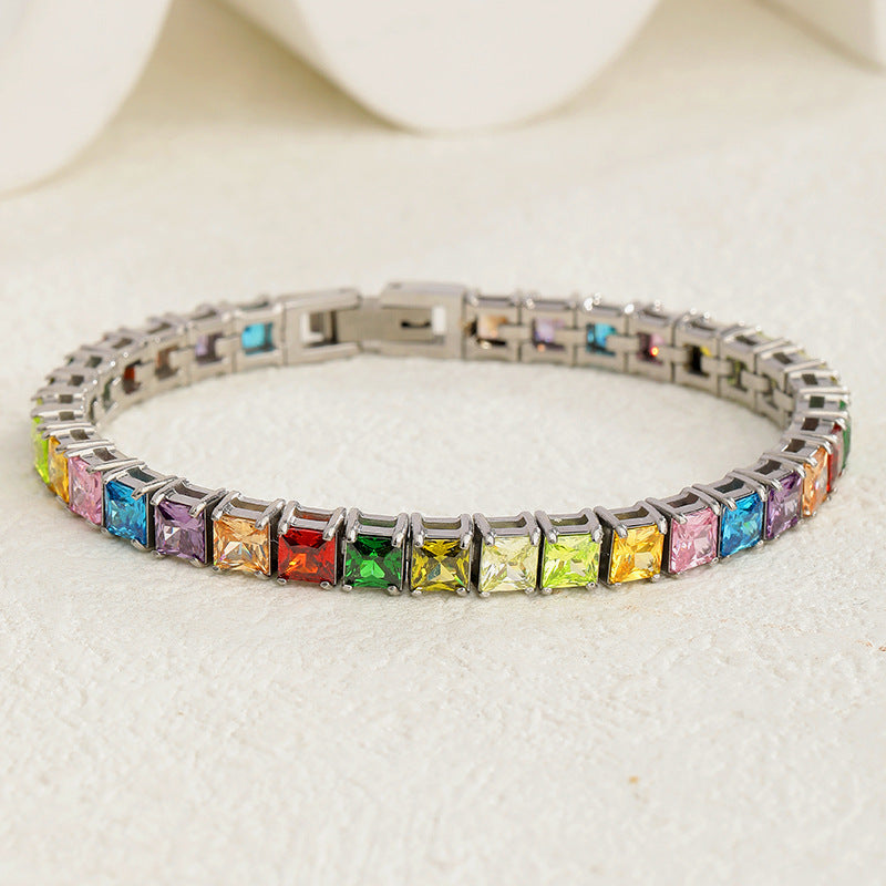 4X4mm Rainbow Zircon Tennis Stainless Steel Bracelet