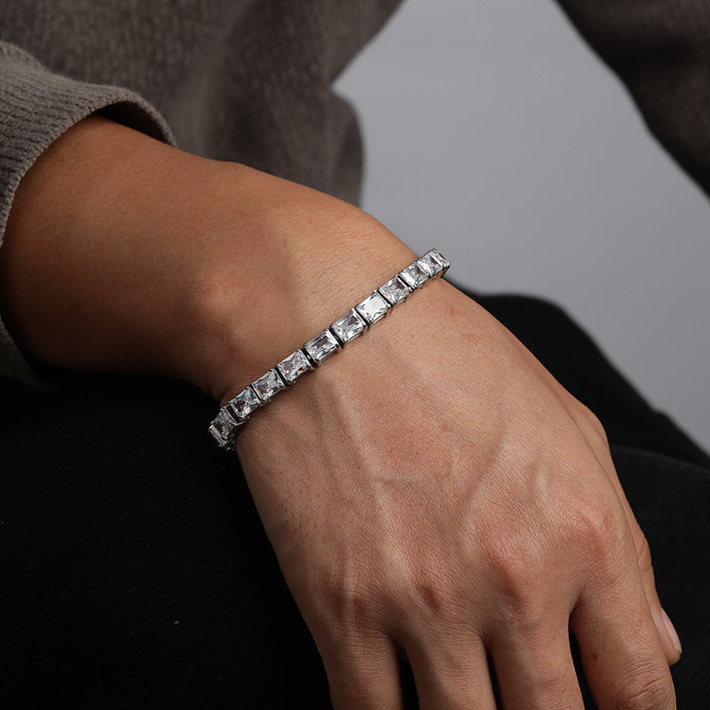 Mens Stainless Steel Rectangular Cubic Zirconia Tennis Bracelet
