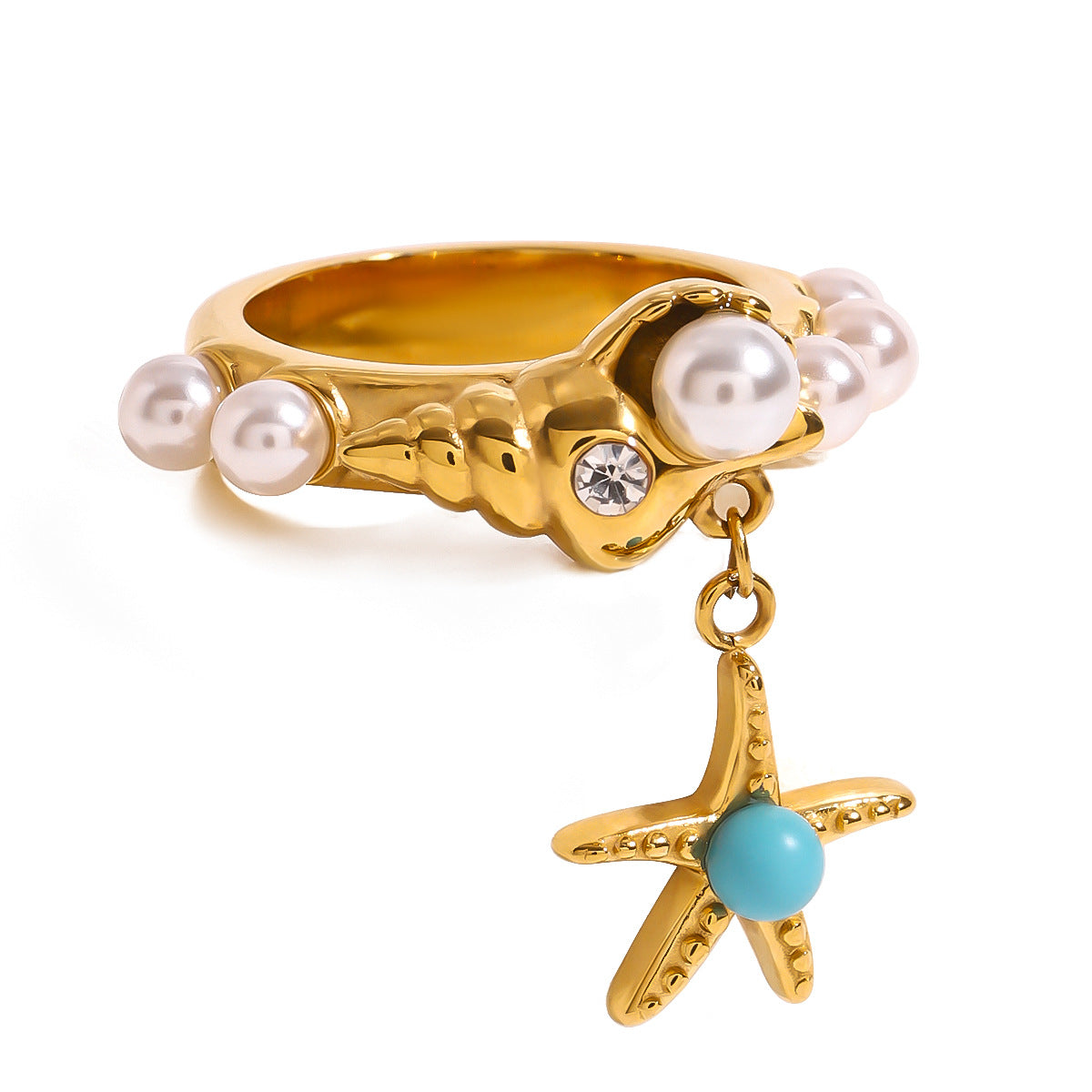 Stainless Steel Pearl Conch Starfish Pendant Ring