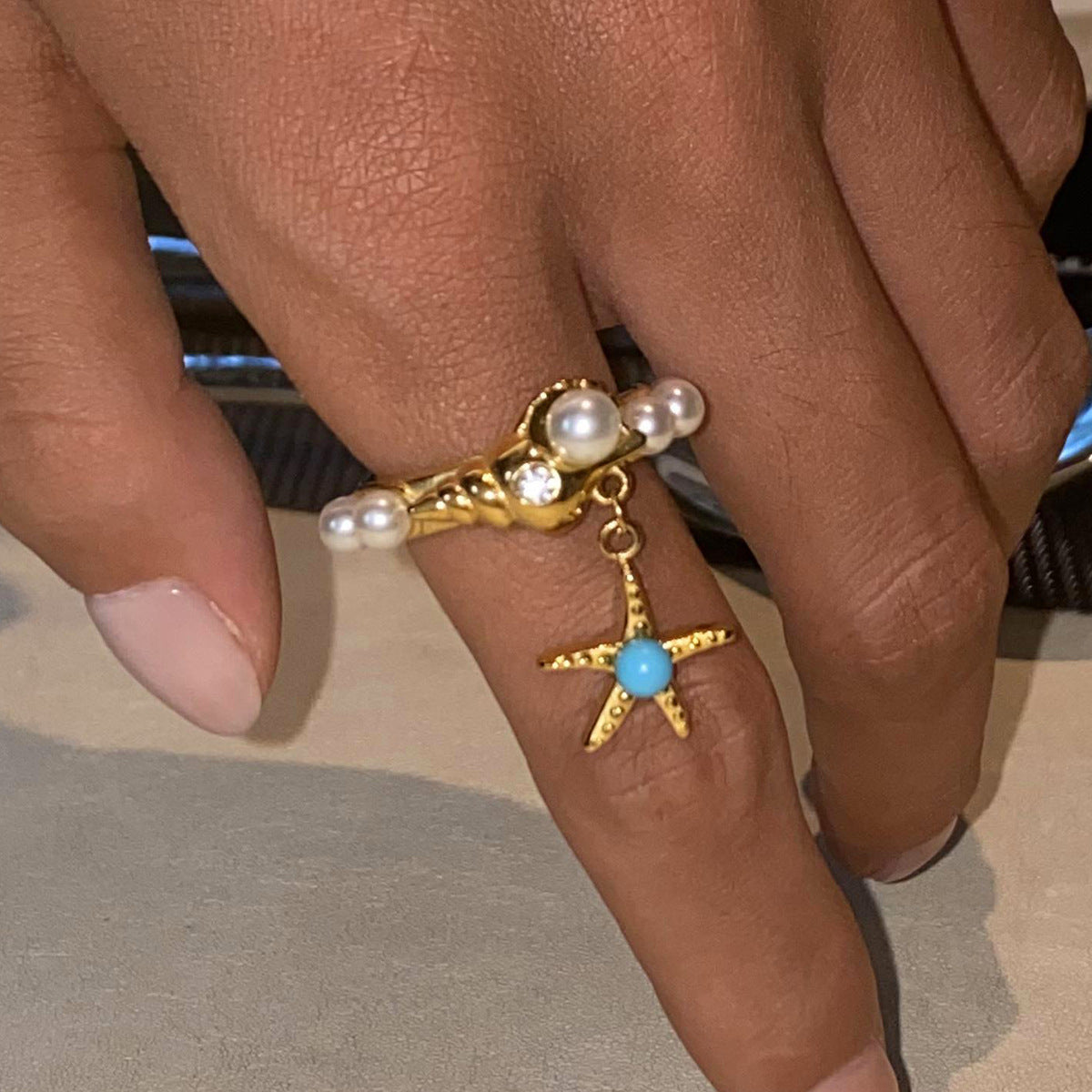Stainless Steel Pearl Conch Starfish Pendant Ring