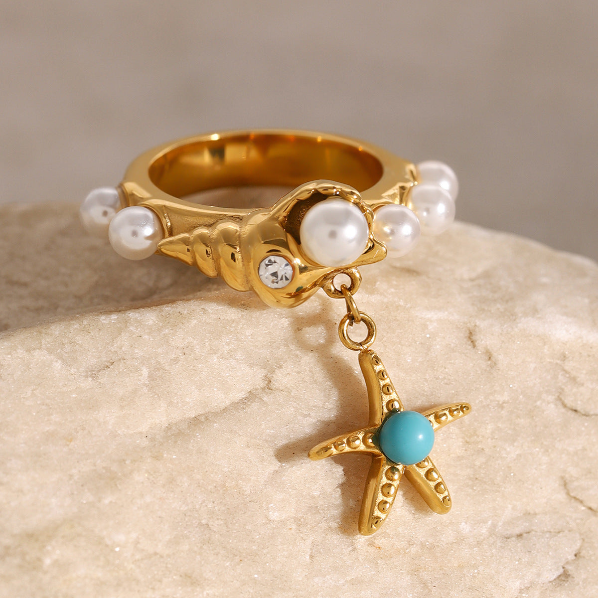 Stainless Steel Pearl Conch Starfish Pendant Ring