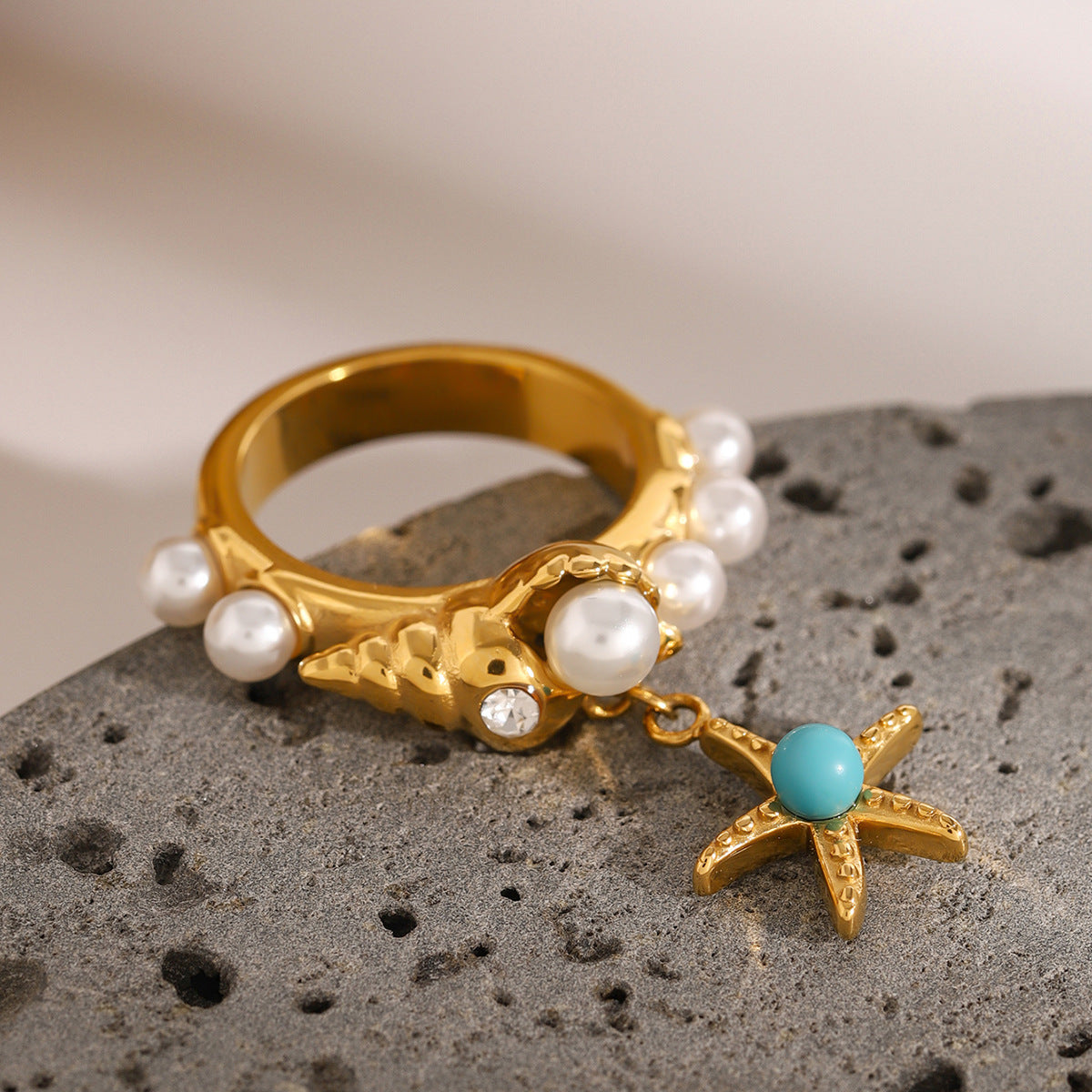 Stainless Steel Pearl Conch Starfish Pendant Ring