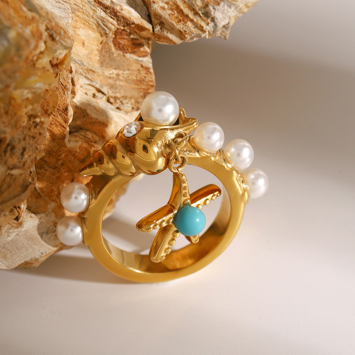 Stainless Steel Pearl Conch Starfish Pendant Ring