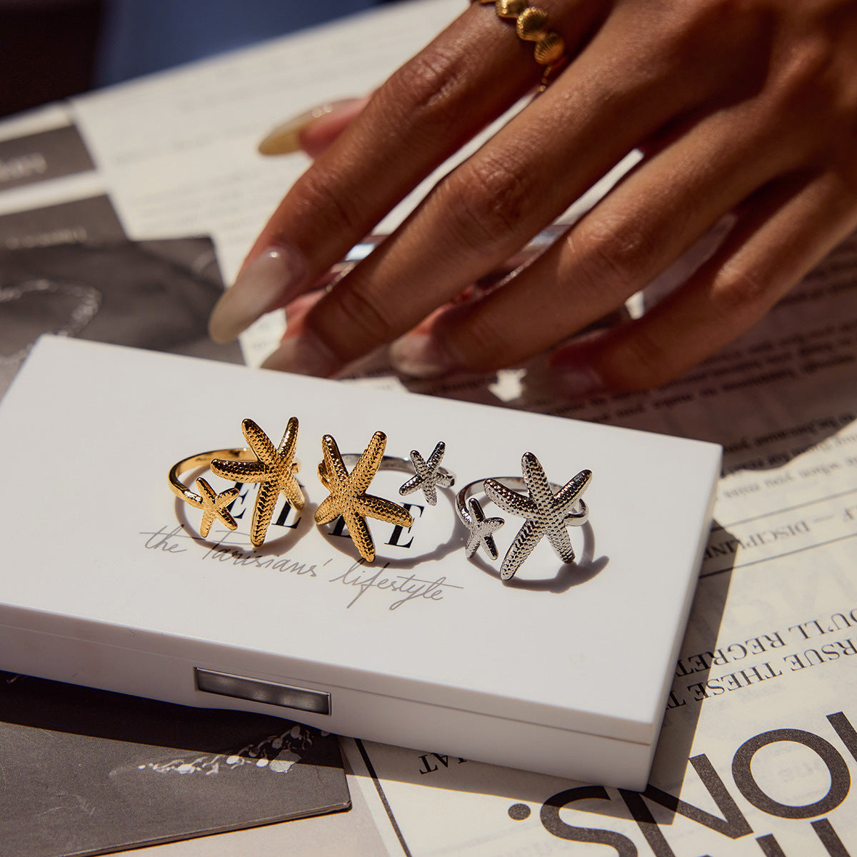 Starfish Shell Color Blocked Ring Combination