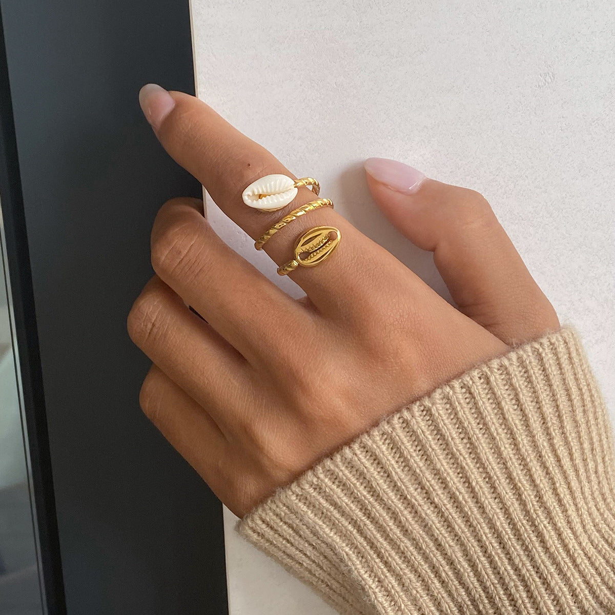Stainless Steel Geometric Shell Open Ring