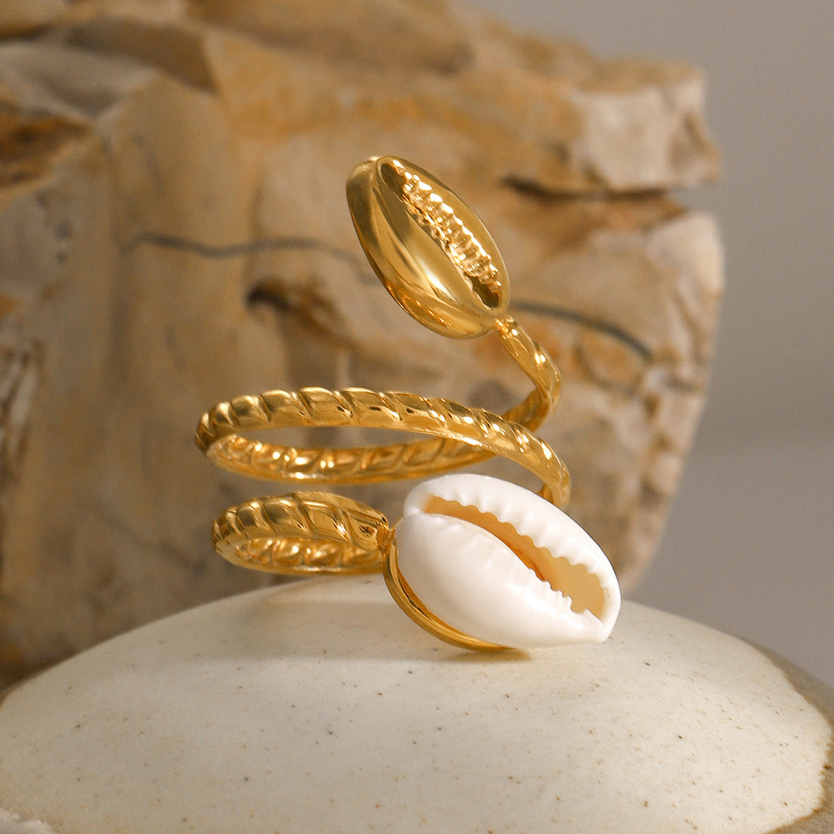 Stainless Steel Geometric Shell Open Ring