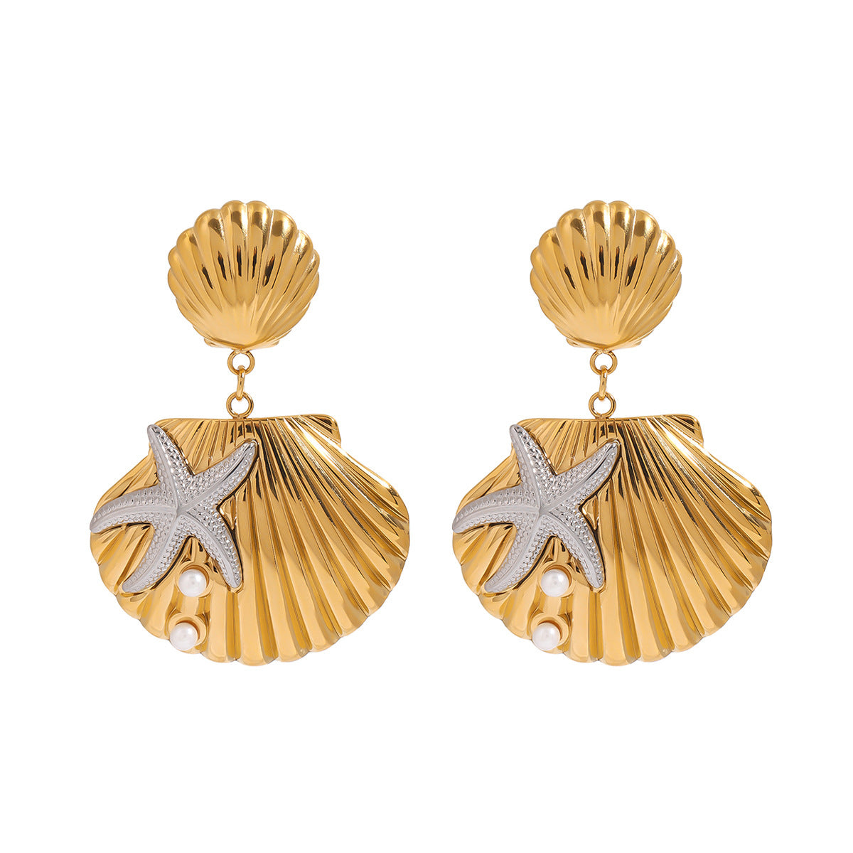 Stainless Steel Ocean Starfish Pearl Shell Earrings