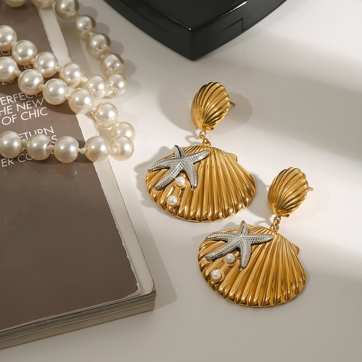 Stainless Steel Ocean Starfish Pearl Shell Earrings