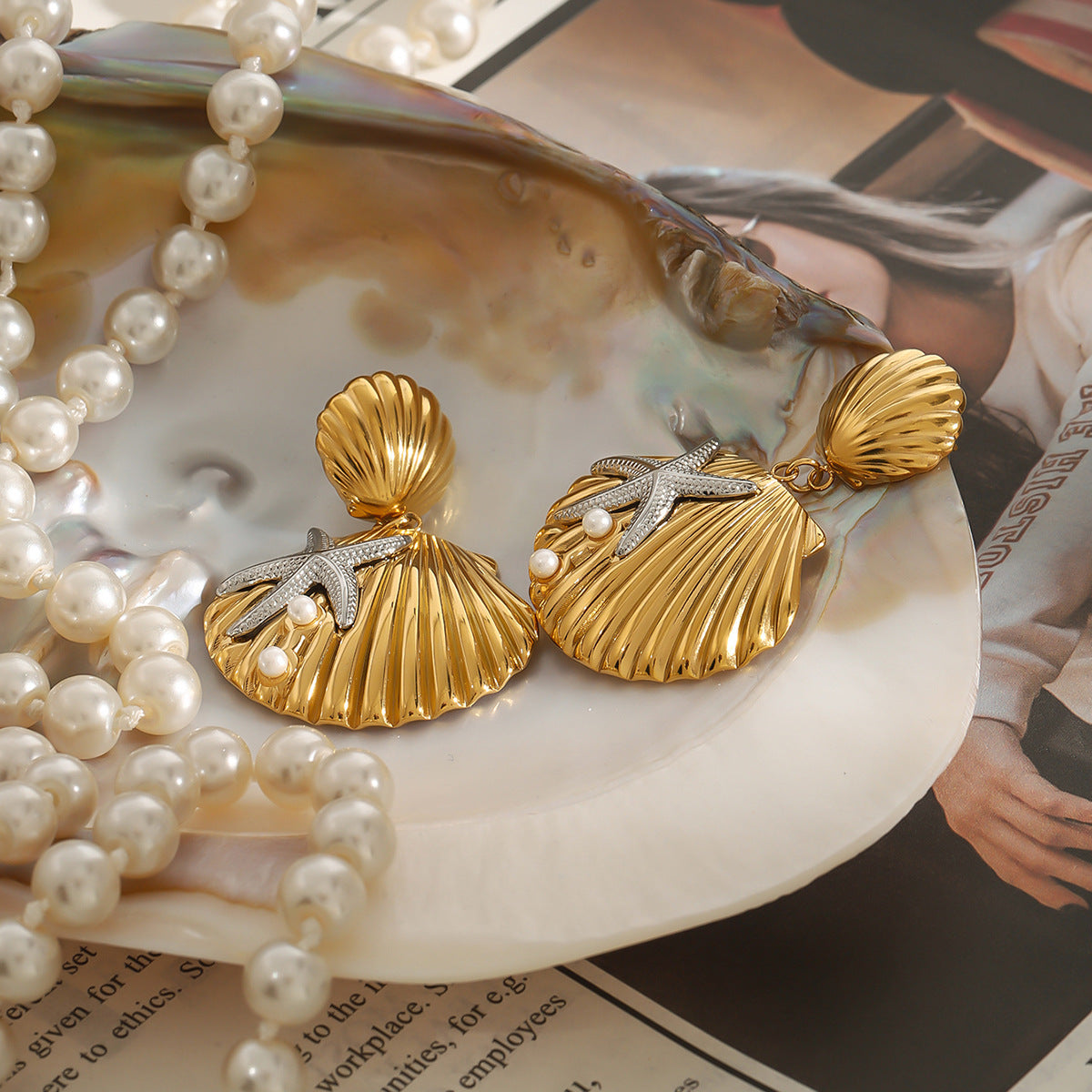 Stainless Steel Ocean Starfish Pearl Shell Earrings