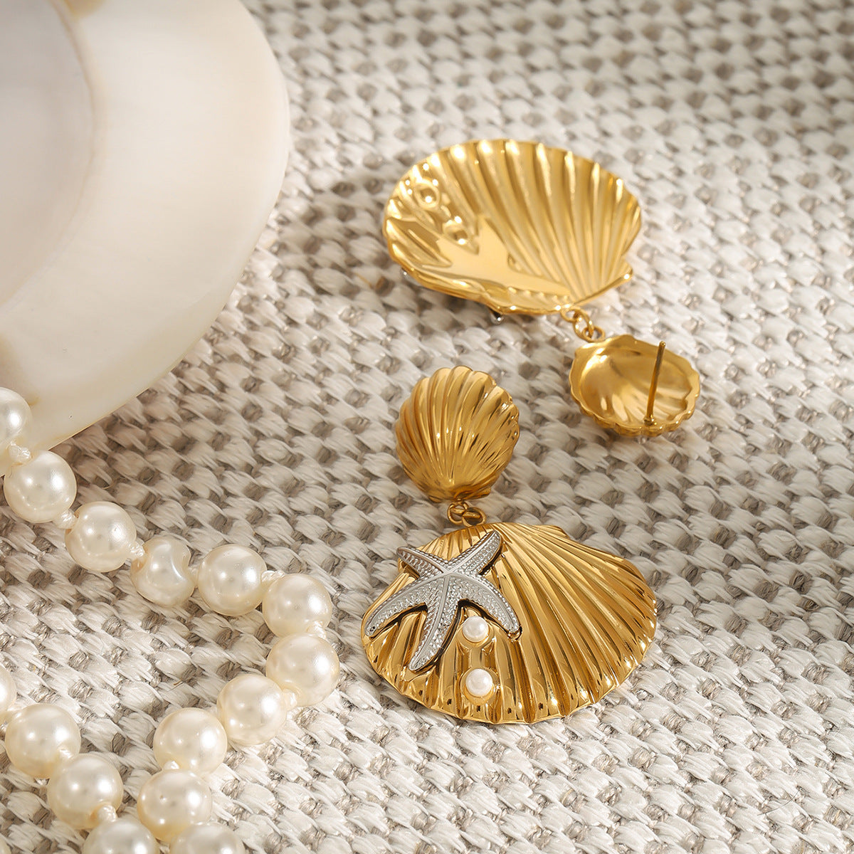 Stainless Steel Ocean Starfish Pearl Shell Earrings