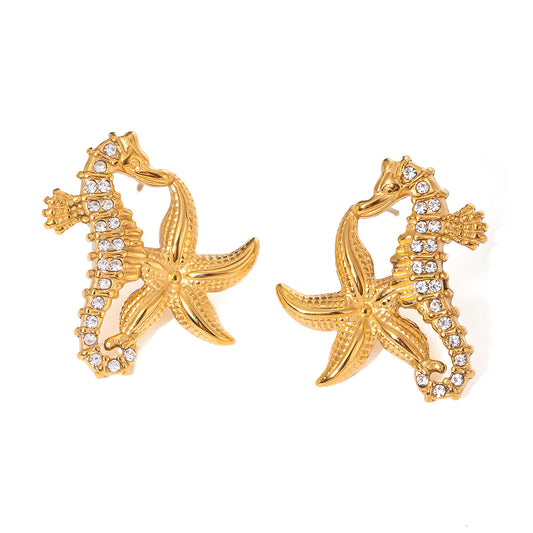 Stainless Steel Starfish Zircon Seahorse Stud Earrings