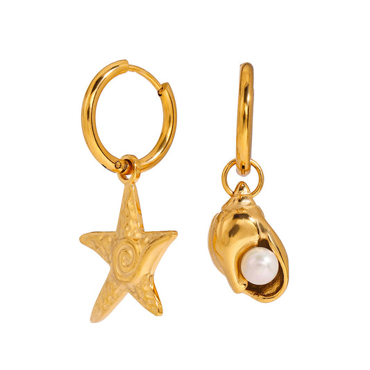 Stainless Steel Conch Pearl Huggie Earrings