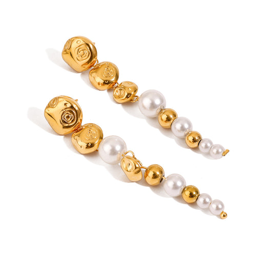Stainless Steel Pearl Tassel Pendant Stud Earrings