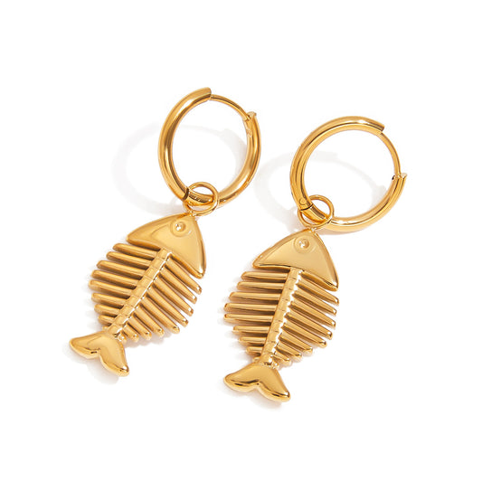 Stainless Steel Fishbone Pendant Huggie Earrings