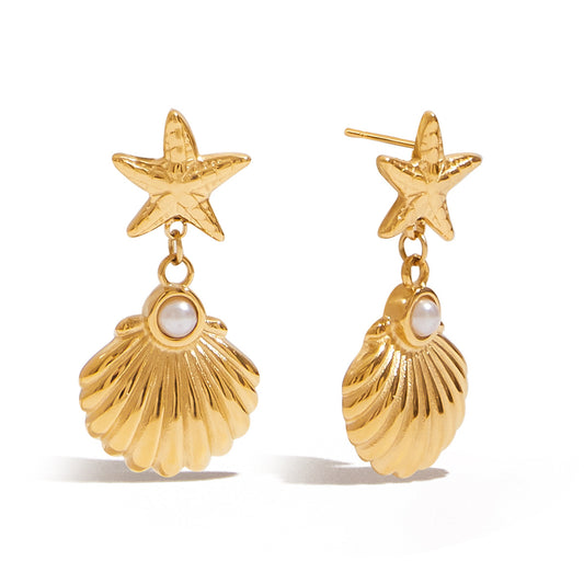 Stainless Steel Starfish Fake Pearl Stud Earrings