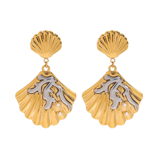 Stainless Steel Shell Coral Pearl Pendant Earrings