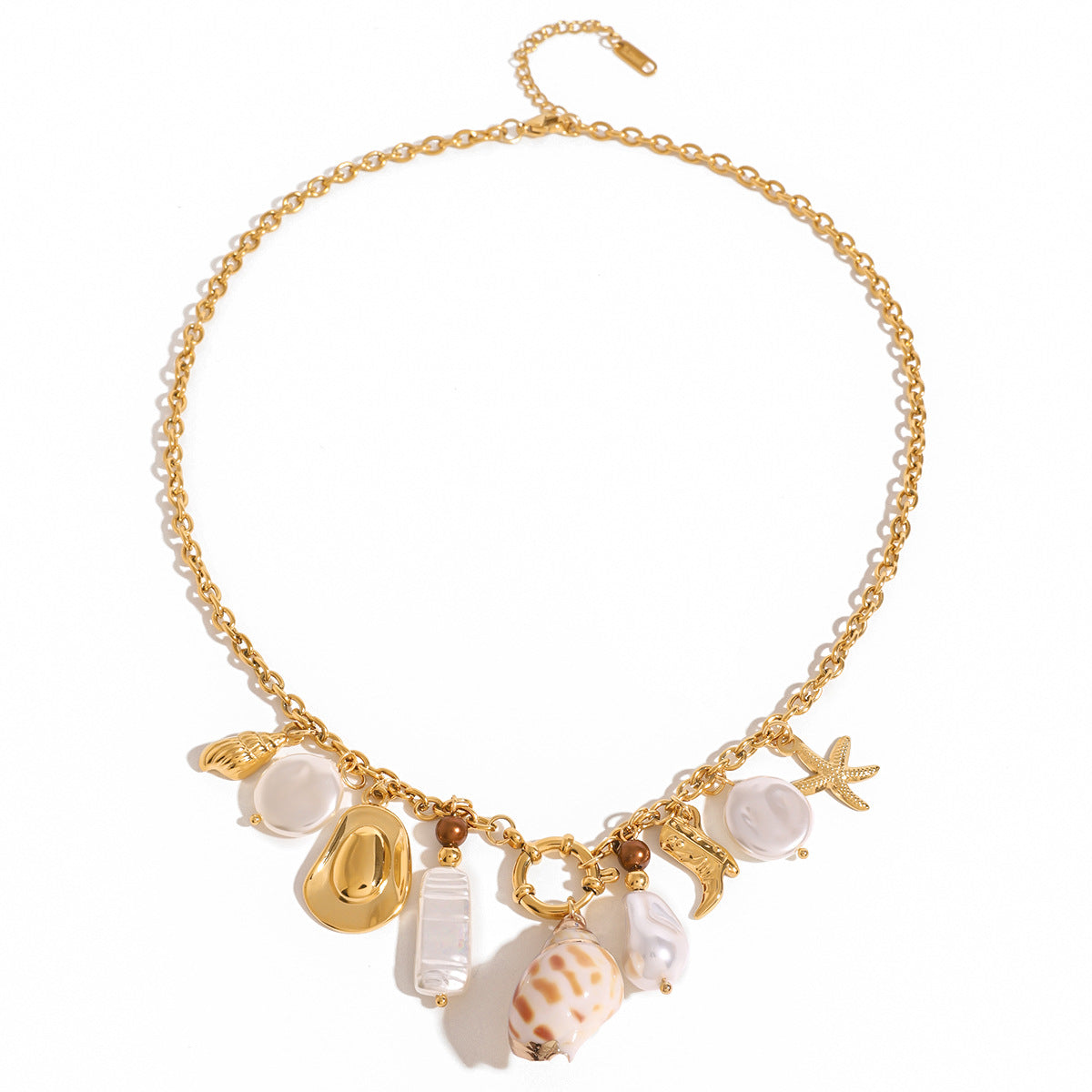 Stainless Steel Sailor Buckle Pearl Pendant Cable Chain Necklace