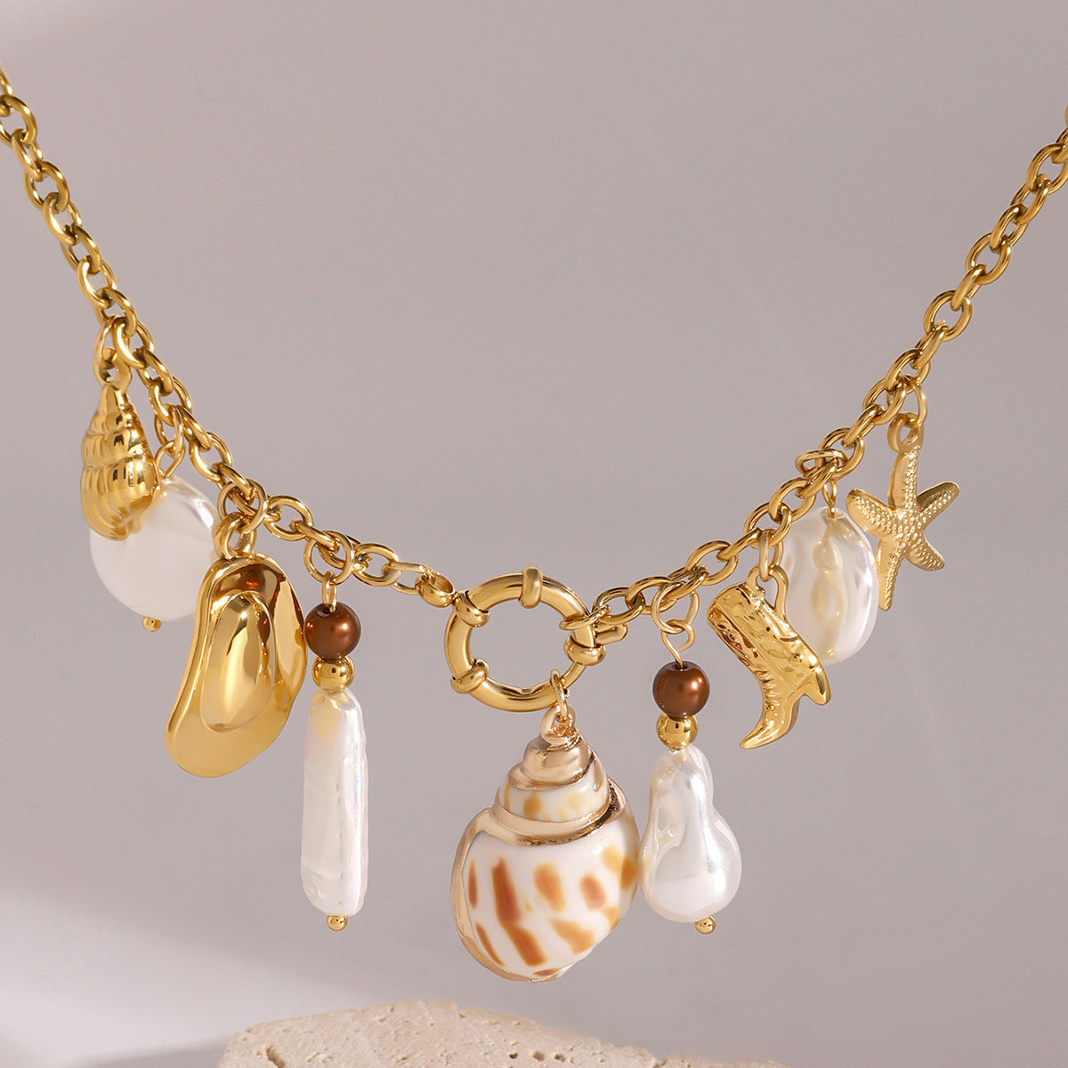 Stainless Steel Sailor Buckle Pearl Pendant Cable Chain Necklace
