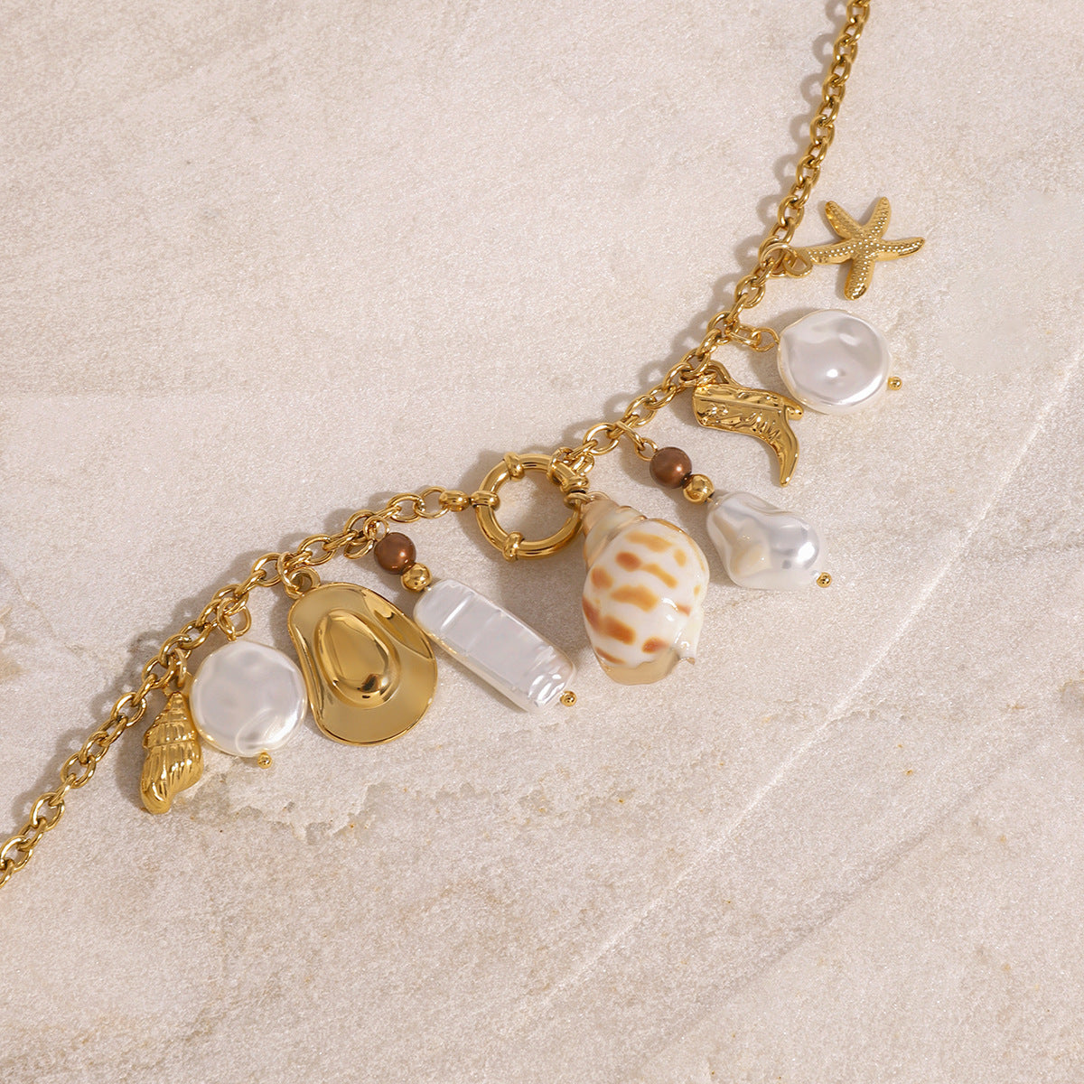 Stainless Steel Sailor Buckle Pearl Pendant Cable Chain Necklace