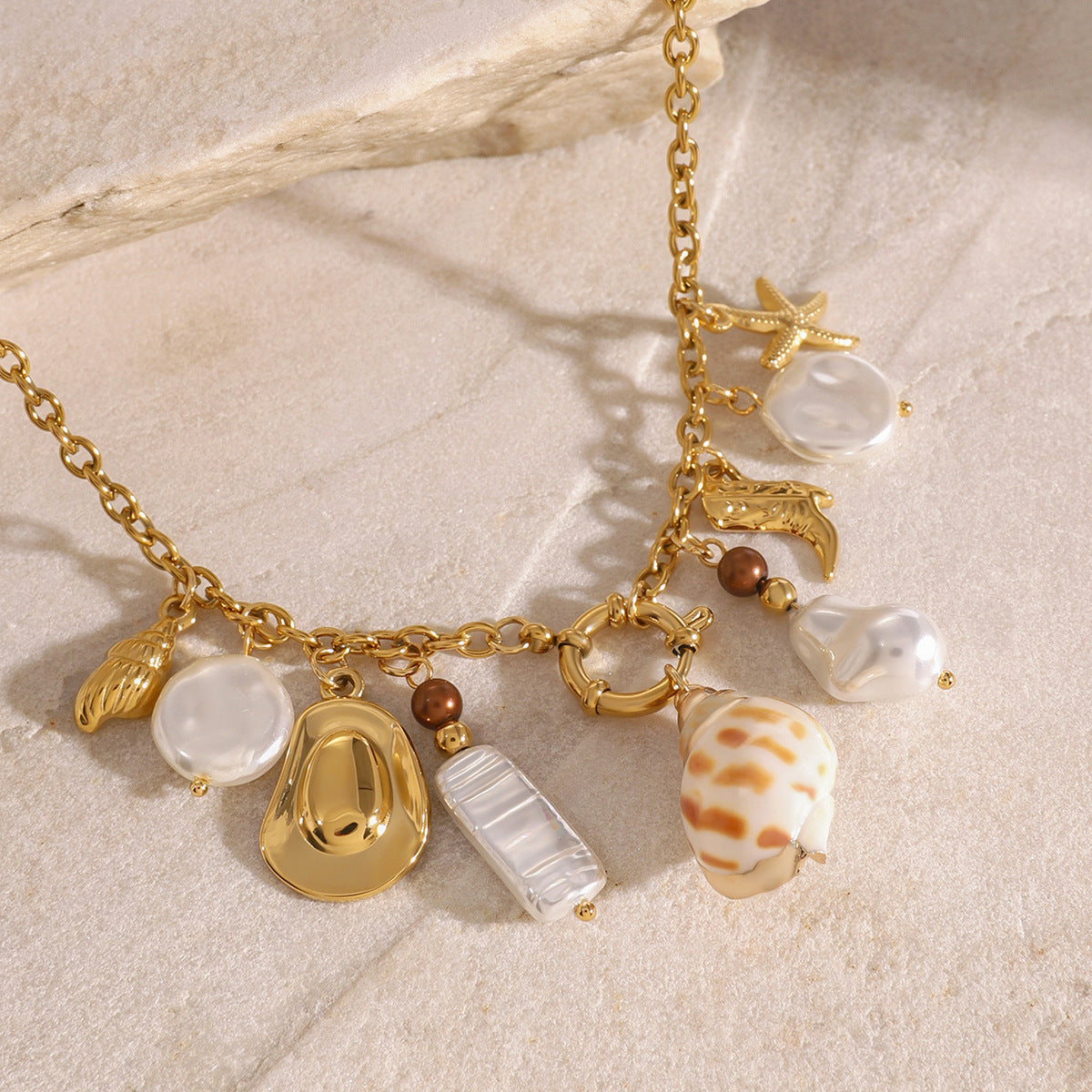 Stainless Steel Sailor Buckle Pearl Pendant Cable Chain Necklace