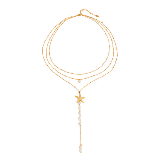 Stainless Steel Starfish Pearl Pendant Layered Necklace
