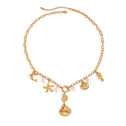 Stainless Steel Pearl Shell Pendant Cable Chain Necklace