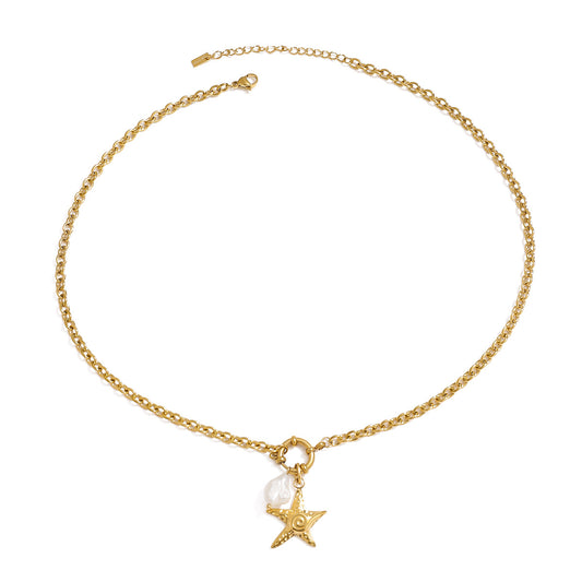 Stainless Steel Starfish Pearl Pendant Cable Chain Necklace