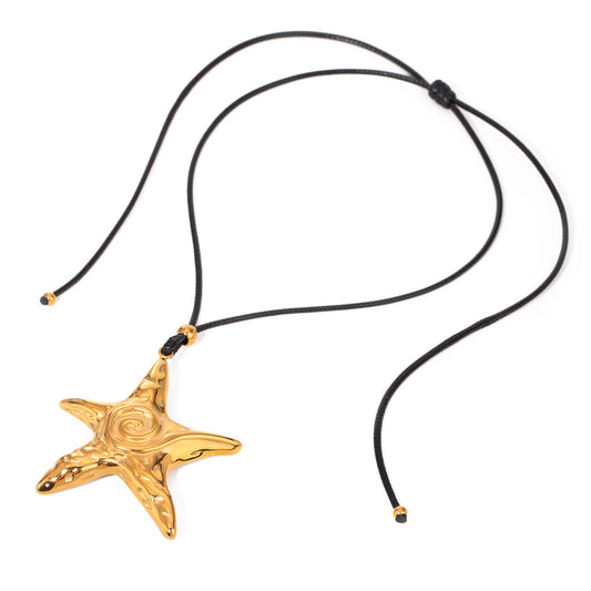 Stainless Steel Starfish Pendant Black Wax Rope Necklace