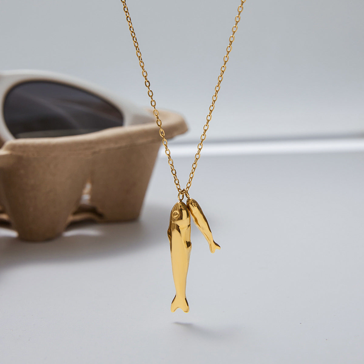 Stainless Steel Salted Fish Pendant Cable Chain Necklace