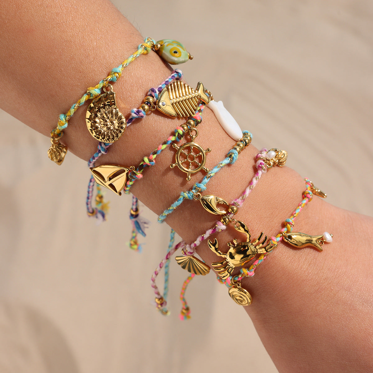 Stainless Steel Ocean Pendant Woven Bracelet With Hand Rope