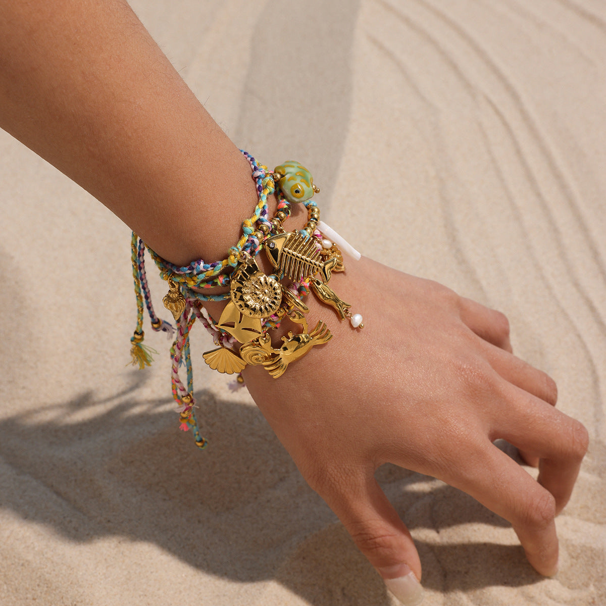 Stainless Steel Ocean Pendant Woven Bracelet With Hand Rope