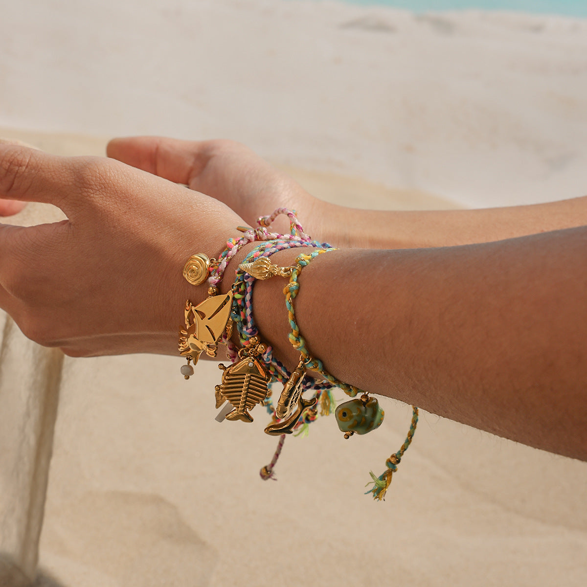 Stainless Steel Ocean Pendant Woven Bracelet With Hand Rope