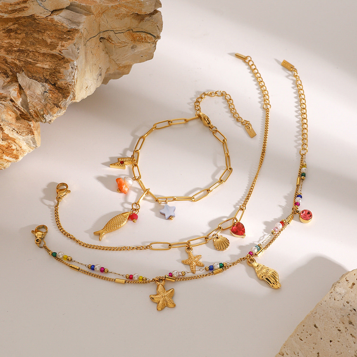 Stainless Steel Natural Stone Ocean Paperclip Chain Bracelet