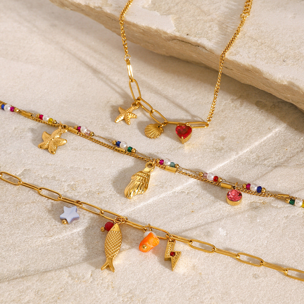 Stainless Steel Natural Stone Ocean Paperclip Chain Bracelet