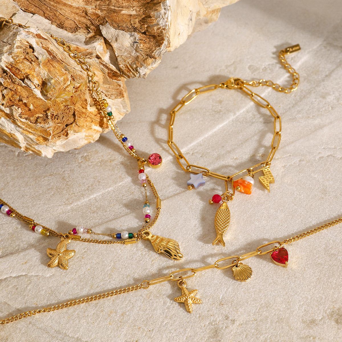 Stainless Steel Natural Stone Ocean Paperclip Chain Bracelet