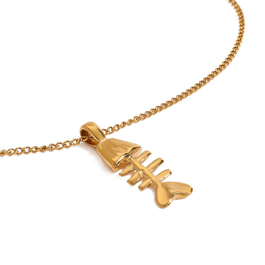 Stainless Steel Fishbone Pendant Curb Chain Necklace