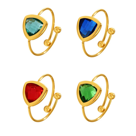 18K Gold PVD Triangular Czech Glass Steel Ball Ring