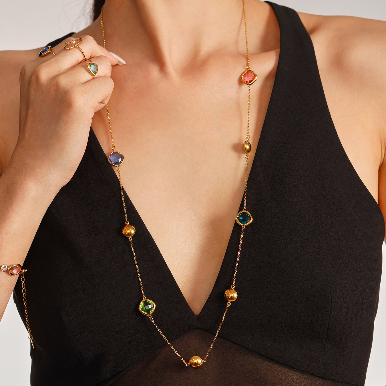 18K Gold PVD Super Flash Czech Glass Long Necklace