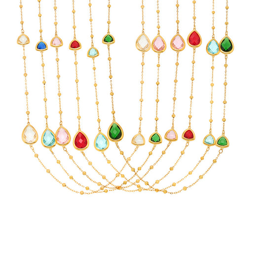 Czech Cut Water Droplet Glass Small Steel Ball Long Necklace