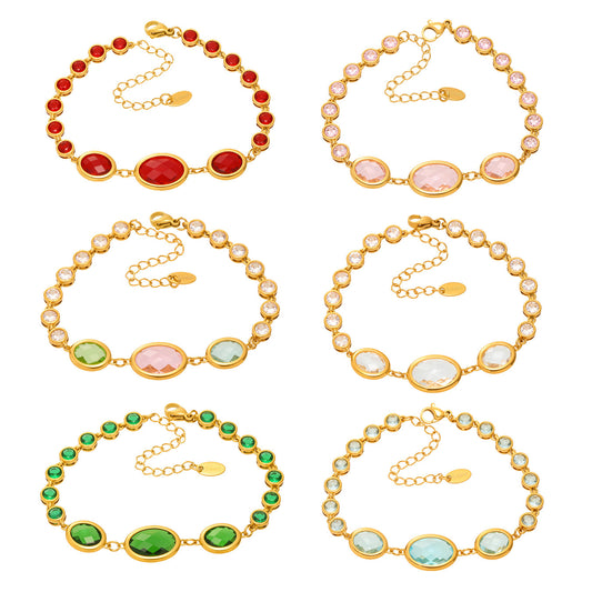 Stainless Steel 18K Gold PVD Oval Cut Crystal Glass Bracelet