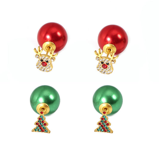 Stainless Steel Rainbow Zircon Christmas Tree Milu Deer Stud Earrings