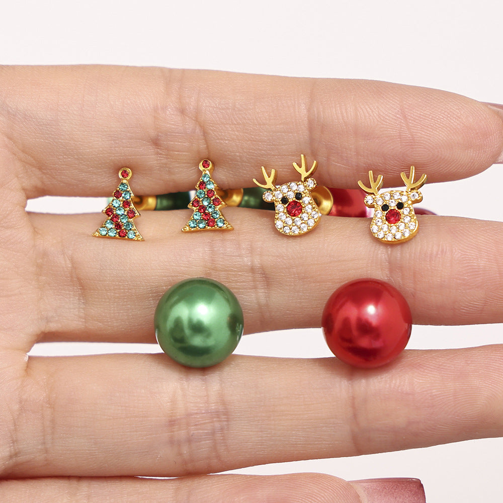 Stainless Steel Rainbow Zircon Christmas Tree Milu Deer Stud Earrings
