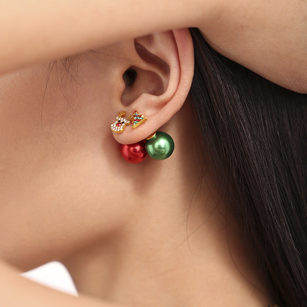 Stainless Steel Rainbow Zircon Christmas Tree Milu Deer Stud Earrings