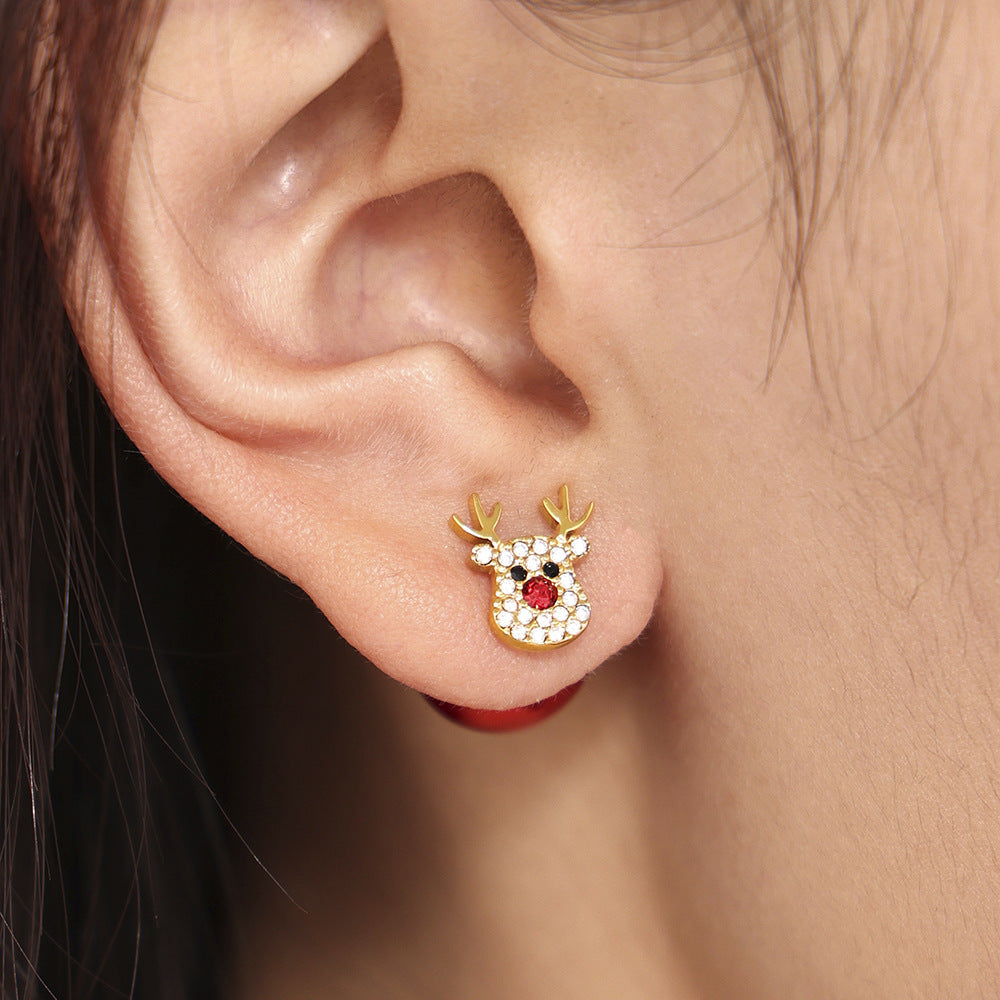 Stainless Steel Rainbow Zircon Christmas Tree Milu Deer Stud Earrings