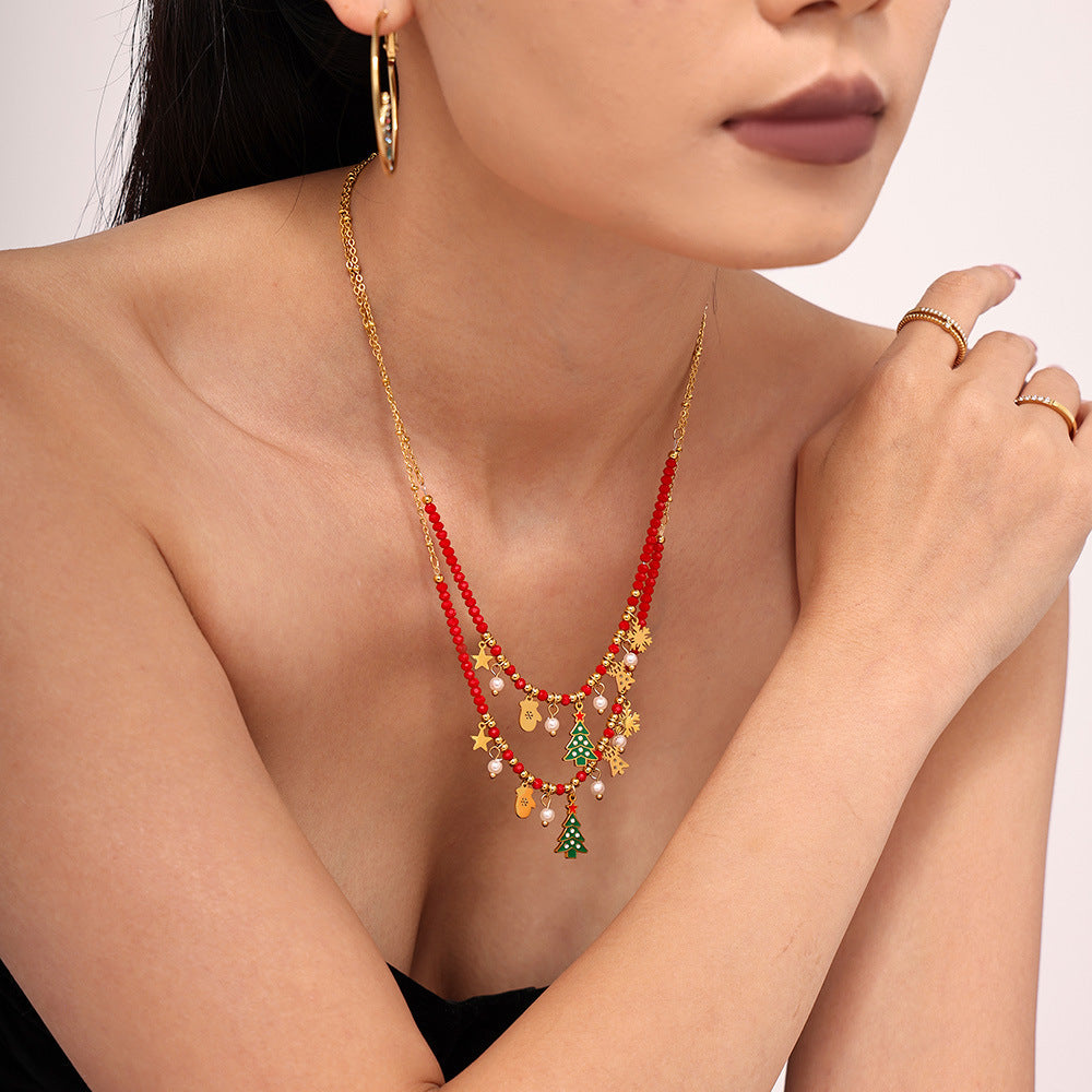 Stainless Steel Christmas Tree Zircon Geometric Element Pendant Necklace