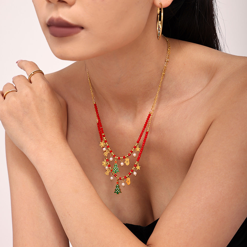 Stainless Steel Christmas Tree Zircon Geometric Element Pendant Necklace